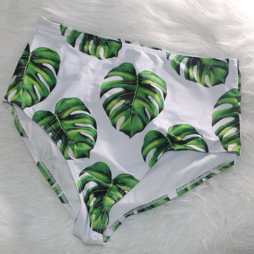 White with Green Palm Leaves High-Waist Bikini Bottom - Size Medium